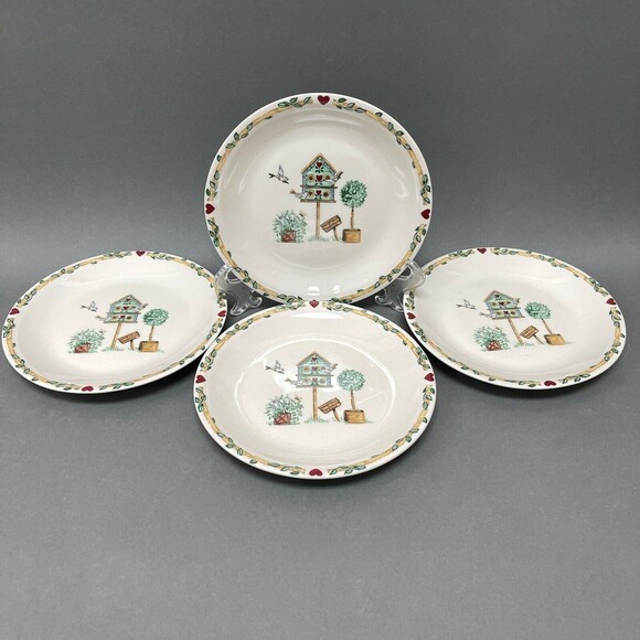 Thomson Pottery Salad Plates Birdhouse Birds Heart Vine Border 7 5/8" Lot of 4 - Picture 1 of 11